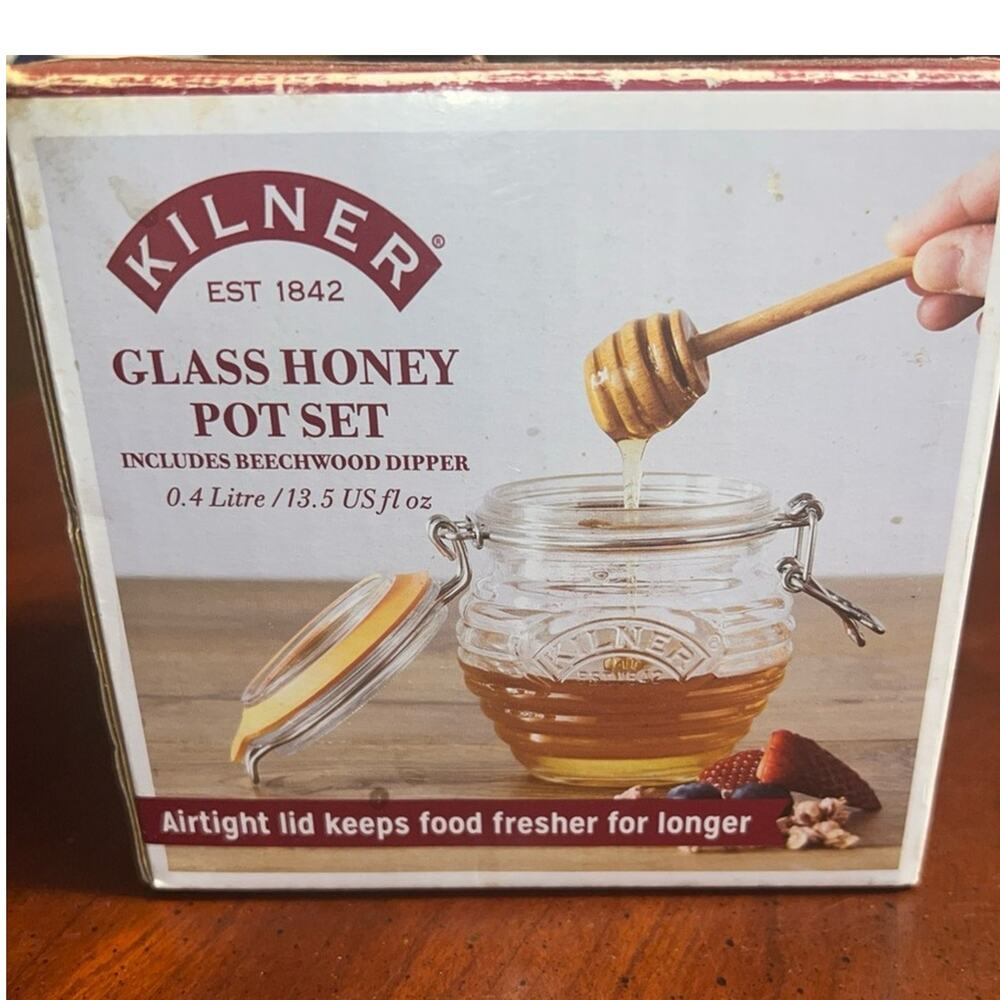 Kilner Honey Pot With Dipper 13.5 Fluid Ounces Glass Storage W /Clip Lid nwt